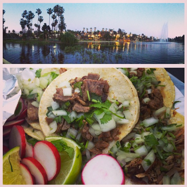 Top: Echo Park at dusk. Bottom: Tacos from Tacos Arizas. 